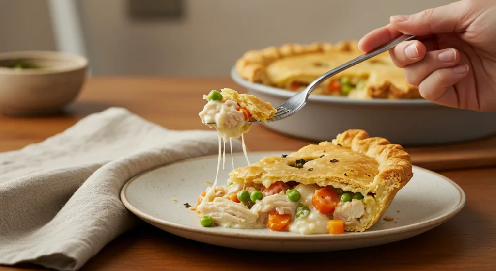 High-Protein Chicken Pot Pie
Plated slice of chicken pot pie on a ceramic dish, with a hand holding a fork lifting a bite, showing the flaky crust and creamy filling.