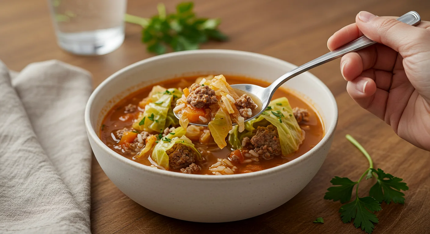 High-Protein Stuffed Cabbage Soup Stuffed cabbage soup in a white bowl with a hand scooping it using a spoon, set on a wooden table with simple garnishes.