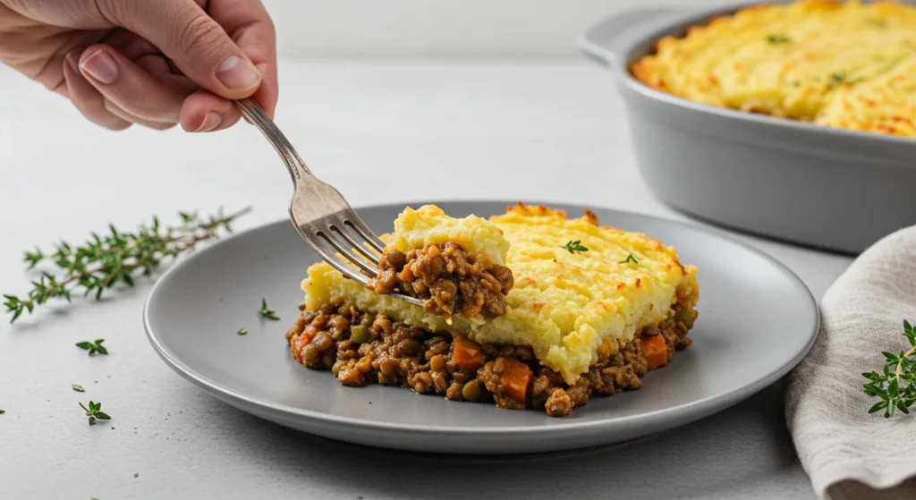 High-Protein Vegan Shepherd's Pie Hand holding a fork with a bite of vegan shepherd’s pie on a classy grey plate, garnished with fresh thyme in a minimalist setup.