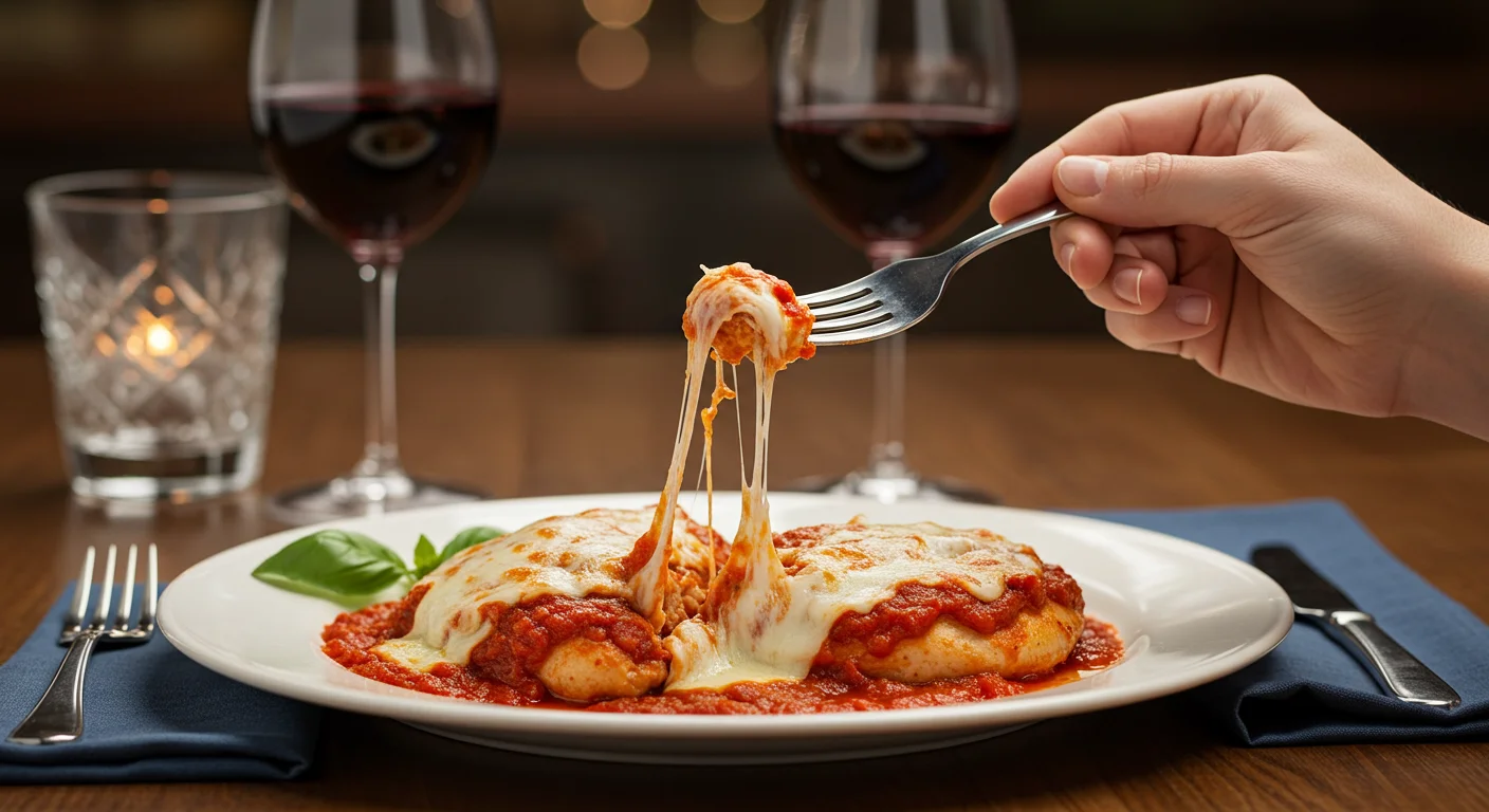 Pizzaiola Chicken Recipe Hand holding a fork over a plate of Chicken Pizzaiola with marinara sauce, melted mozzarella, and basil, styled with a blurred rustic table in the background.