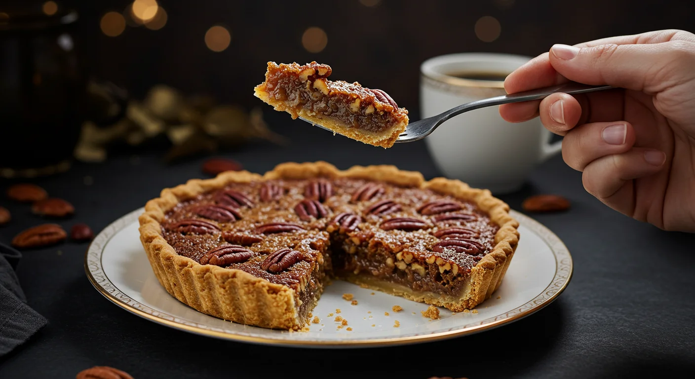 Keto Pecan Pie A hand holding a fork with a bite of keto pecan pie, with the remaining slice on an elegant plate, set against a moody background with warm lighting.