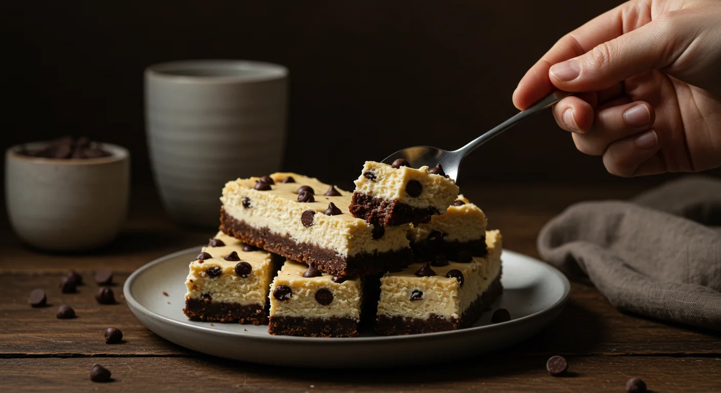 Keto Chocolate Chip Cheesecake Bars A hand scooping a Keto Chocolate Chip Cheesecake Bar with a spoon, while remaining bars sit elegantly on a ceramic plate with warm lighting.