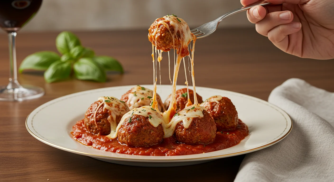 Keto Meatball Casserole A plated serving of Keto Meatball Casserole on a ceramic plate. A fork lifts a cheesy meatball, with a linen napkin and fresh basil in the background.