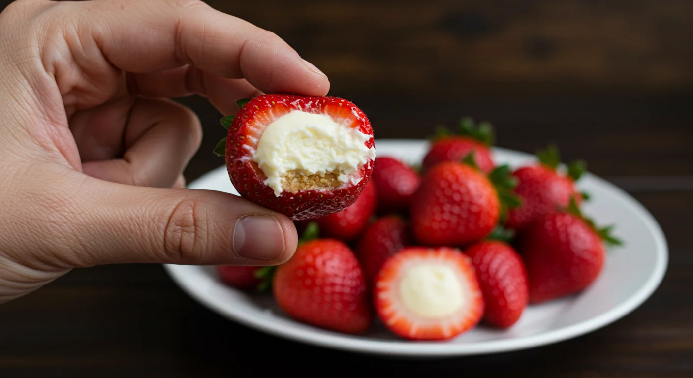 Keto Cheesecake Stuffed Strawberries A hand holding a Keto Cheesecake Stuffed Strawberry, highlighting its creamy cheesecake filling. More stuffed strawberries sit on a white plate in the background.