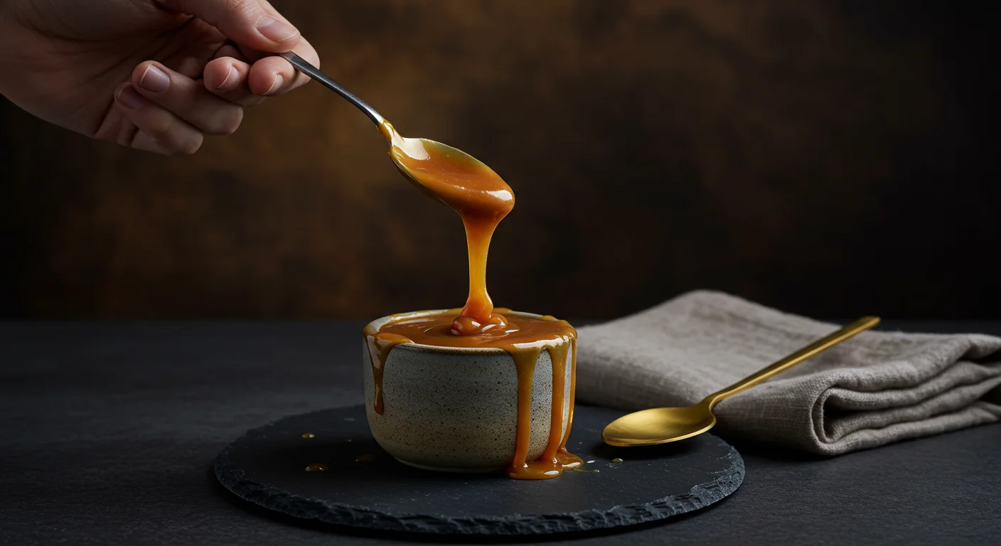 Keto Caramel Sauce A hand holds a spoon dripping caramel into a ceramic bowl, set on a dark slate plate with moody lighting.