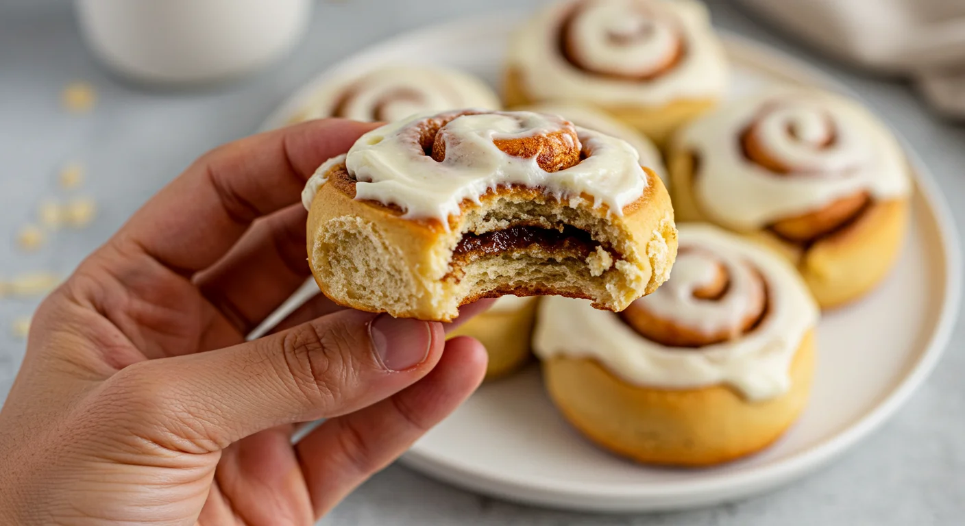 Keto Cinnamon Rolls A hand holding a soft keto cinnamon roll with cinnamon filling and cream cheese frosting, with more rolls on a plate in the background.