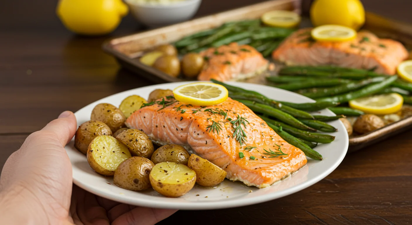 High-Protein Sheet-Pan Salmon
 A hand holding a white plate with Lemon-Garlic Sheet-Pan Salmon, crispy potatoes, and green beans. The salmon is garnished with fresh dill, with the remaining meal visible in a softly blurred background.
