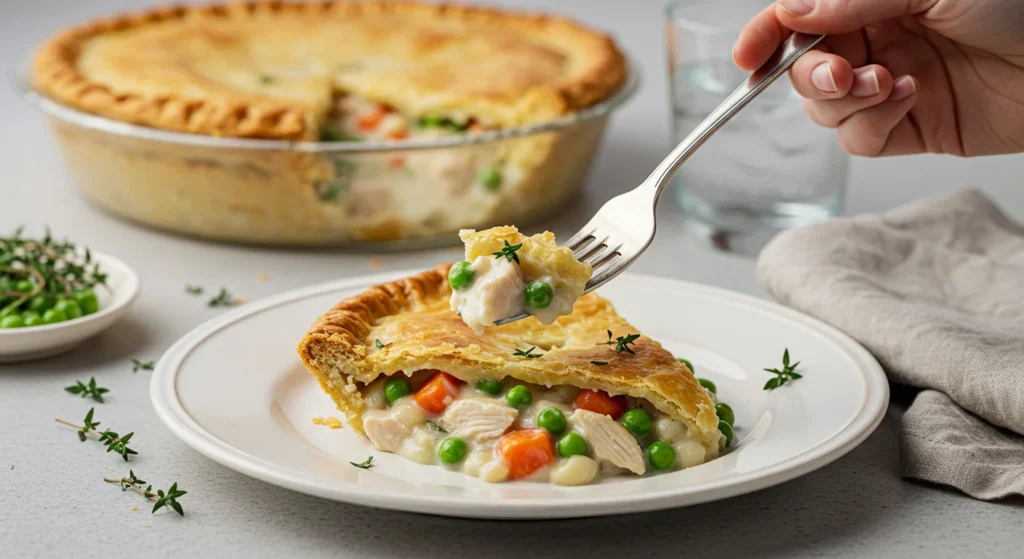 High-Protein Chicken Potpie Hand holding a fork with a slice of high-protein chicken potpie on a white plate, highlighting the flaky crust and creamy filling.