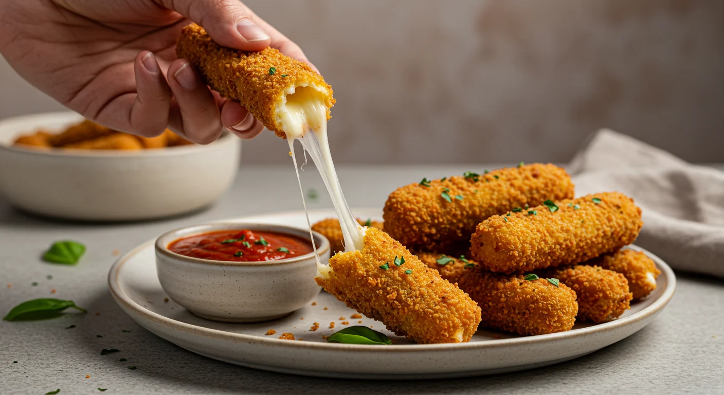 Keto Mozzarella Sticks A professional shot of a hand holding a crispy keto mozzarella stick, stretching melted cheese. More sticks are arranged on a ceramic plate with marinara sauce.