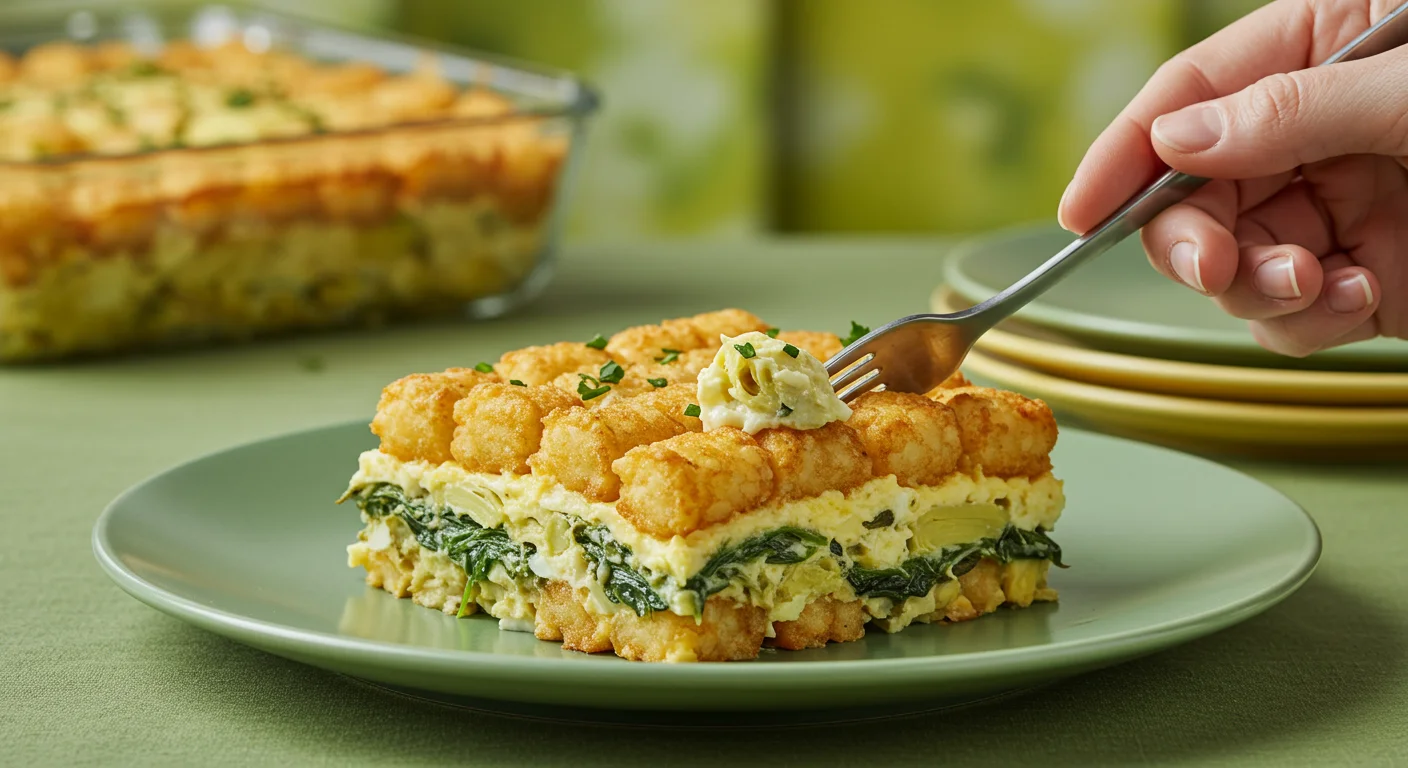 High-Protein Artichoke Tater Tot Casserole Slice of casserole with visible tater tots, spinach, and eggs on a green plate, with a hand holding a fork against a blurred, elegant background.