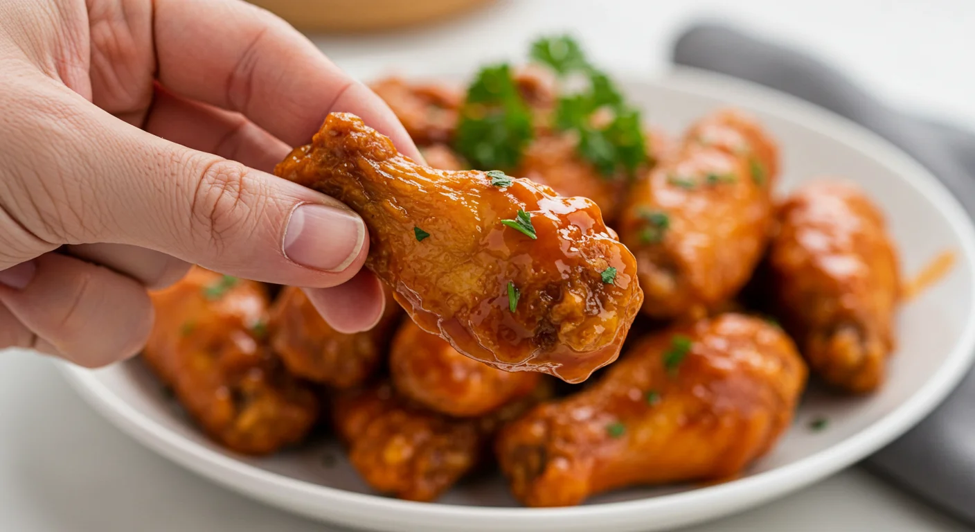 High-Protein Buffalo Wings Hand holding a saucy buffalo wing, with a plate of wings garnished with parsley in the background under warm lighting.