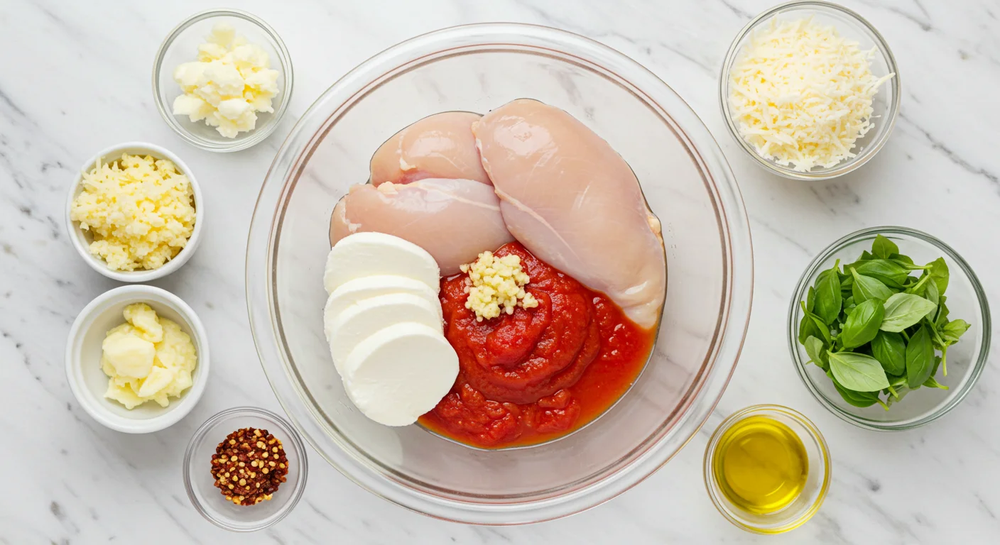 Pizzaiola Chicken Recipe Overhead view of Chicken Pizzaiola ingredients in a glass bowl: chicken, marinara, garlic, mozzarella, Parmesan, basil, and spices on a marble countertop.