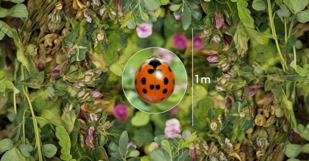 A close up view of a 1 millimeter ladybug egg surrounded by leaves, highlighting its small size and natural environment.