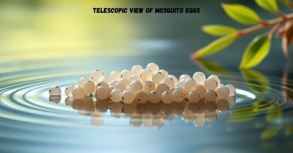 Telescopic view of mosquito eggs arranged in clusters on water with gentle ripples.