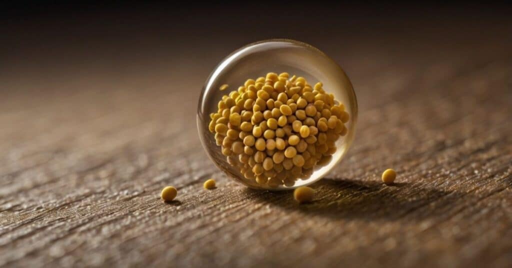 Close up of a mustard seed around 1 millimeter in size with natural light reflecting off its smooth surface.