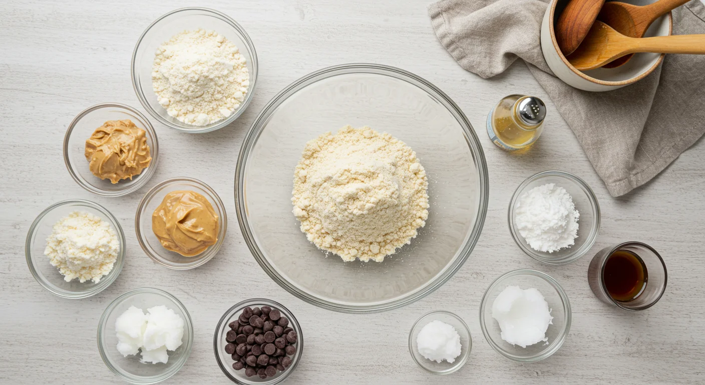 Dehydrated Cookie Dough Bliss Balls Ingredients for keto cookie dough bliss balls in small bowls on a kitchen counter.