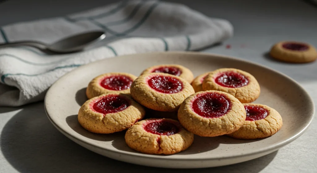 Dehydrated Strawberry Thumbprint Cookies Homemade strawberry thumbprint cookies on a plate, mobile photo.
