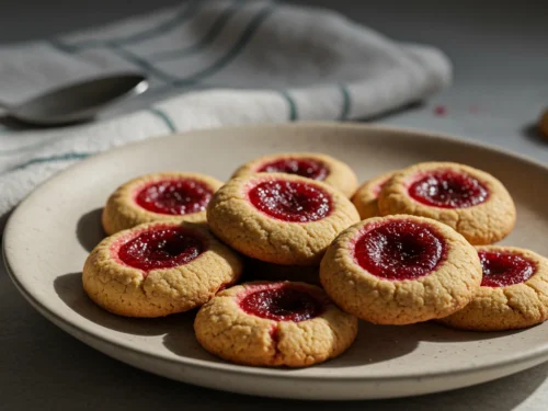 Dehydrated Strawberry Thumbprint Cookies Homemade strawberry thumbprint cookies on a plate, mobile photo.