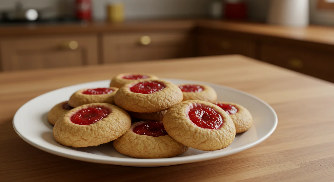 Dehydrated Strawberry Thumbprint Cookies Side view of strawberry thumbprint cookies, casually photographed.