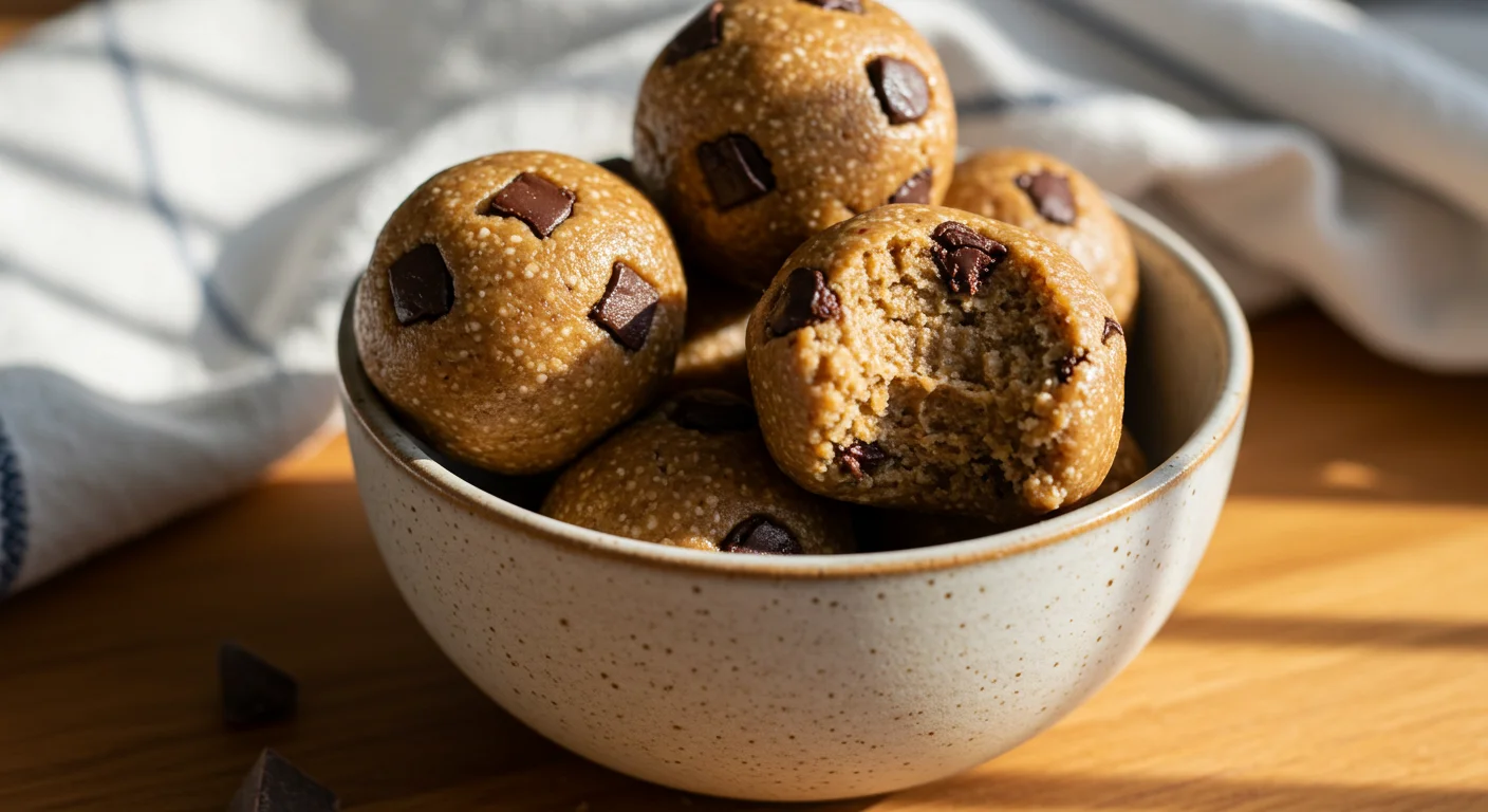 Dehydrated Cookie Dough Bliss Balls Bliss balls in a bowl with one bitten, shot casually on a wooden table.