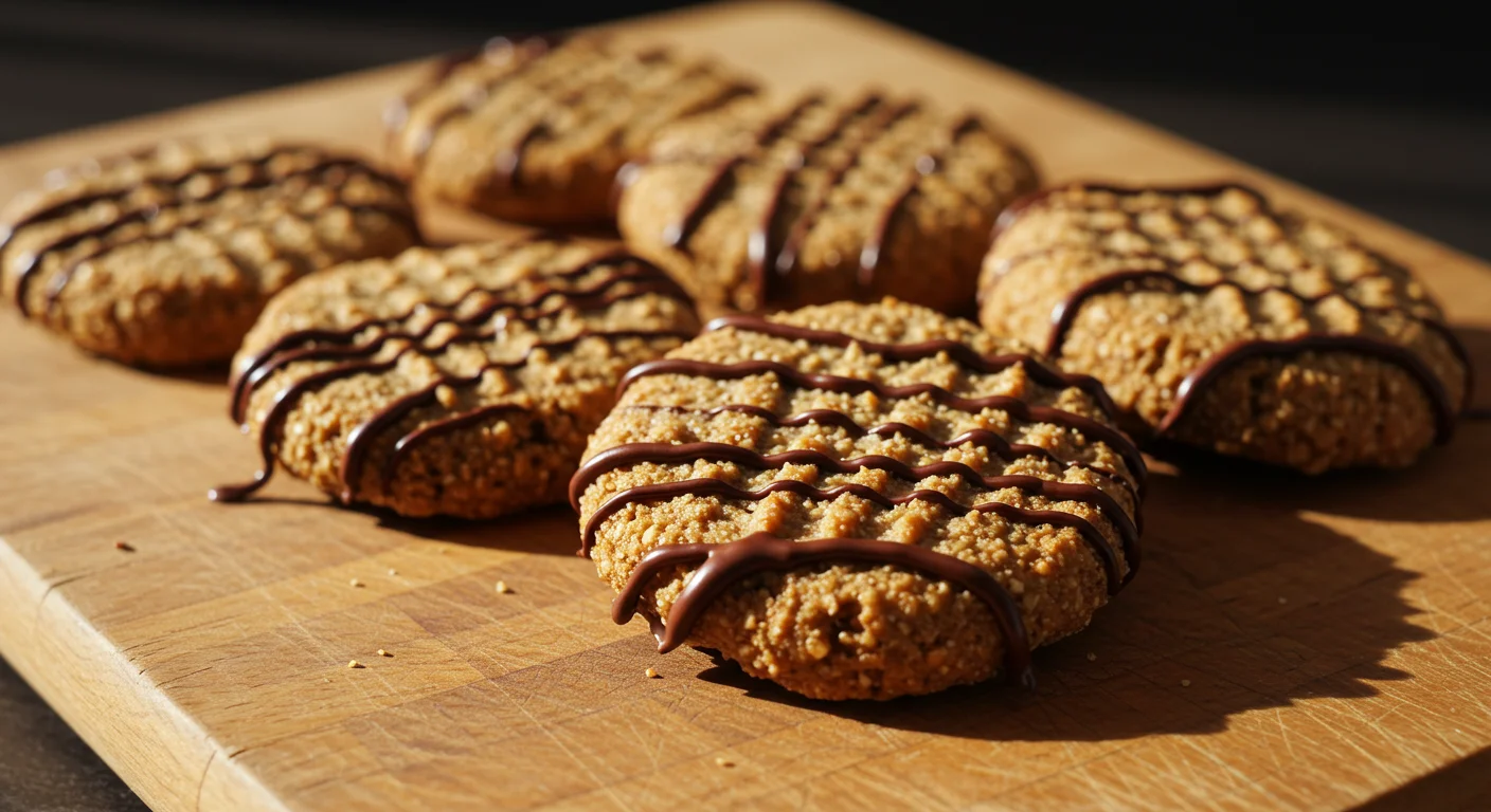 Dehydrated Almond Cookies Rustic keto almond cookies with chocolate drizzle on a wooden board, mobile-style photo.