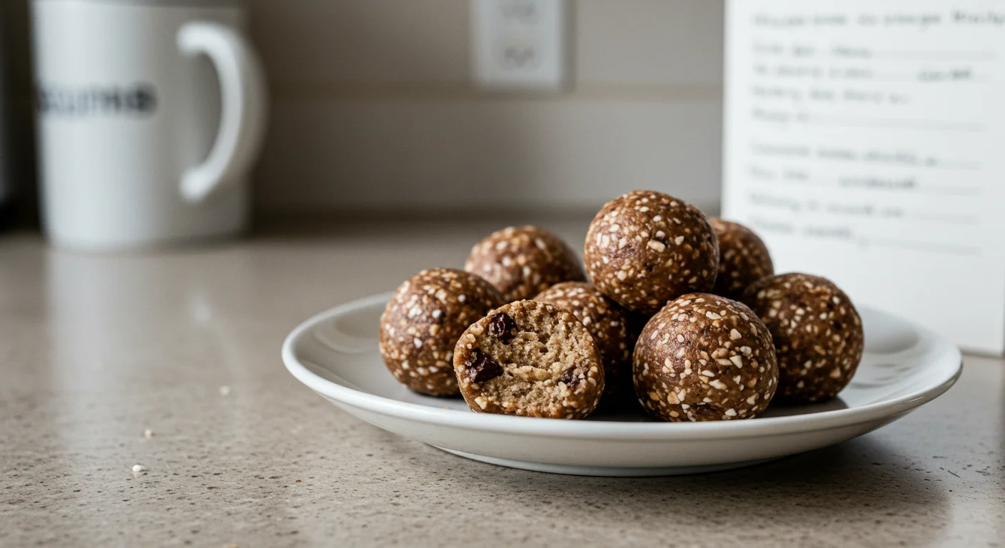Dehydrated Cookie Dough Bliss Balls Side view of bliss balls in a bowl near a window, one half out showing texture.