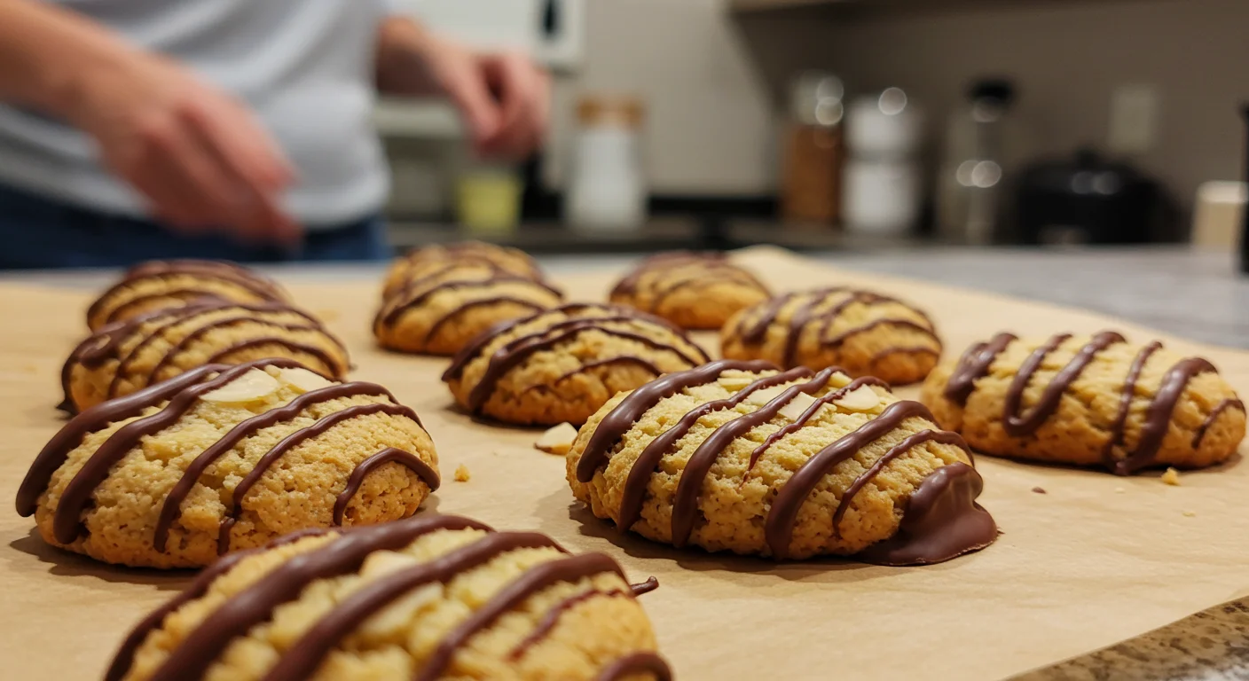 Dehydrated Almond Cookies Side view of chocolate-drizzled keto cookies in natural light, handheld camera look.