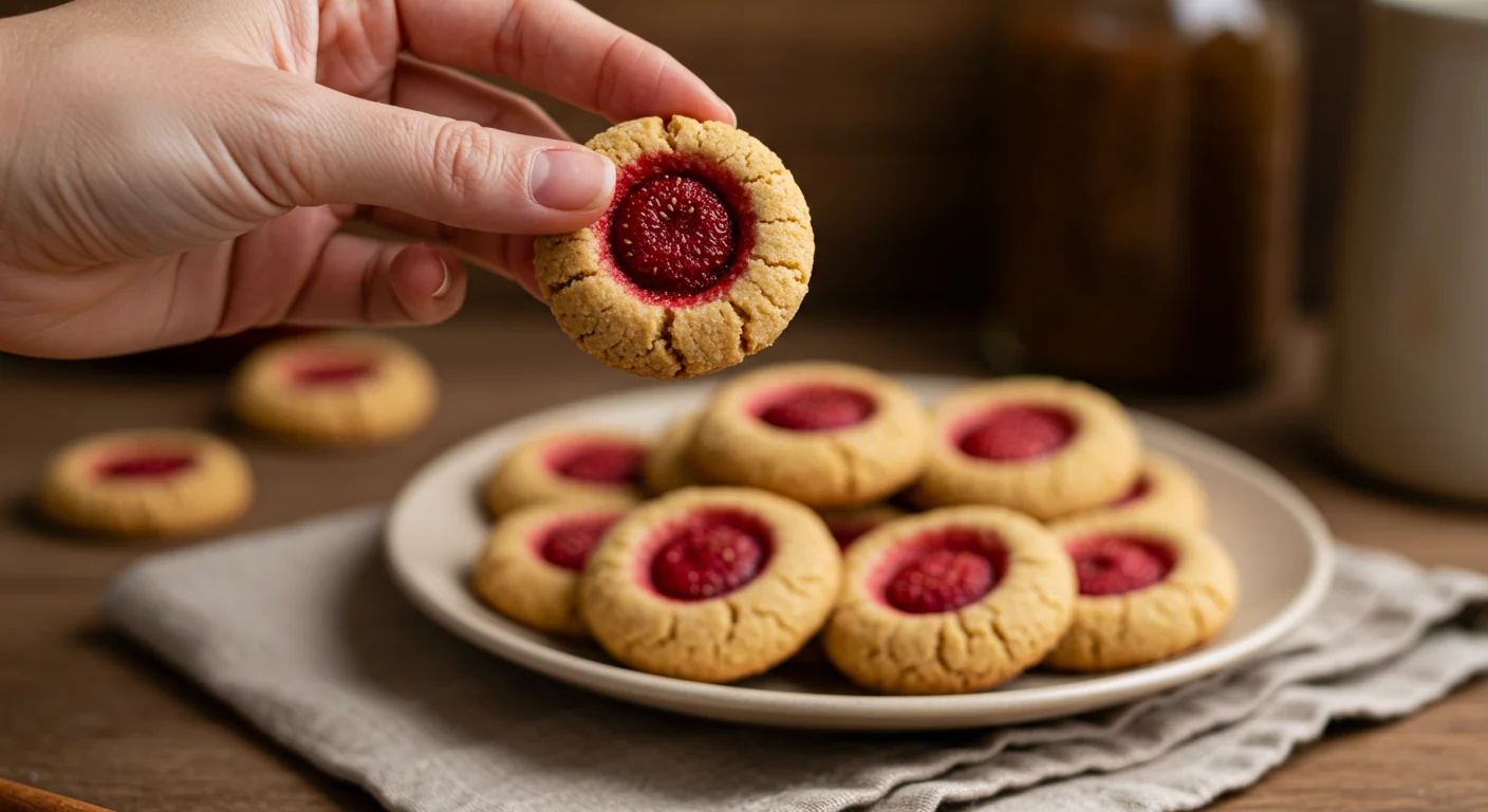 Dehydrated Strawberry Thumbprint Cookies Hand holding a strawberry thumbprint cookie above a full plate.