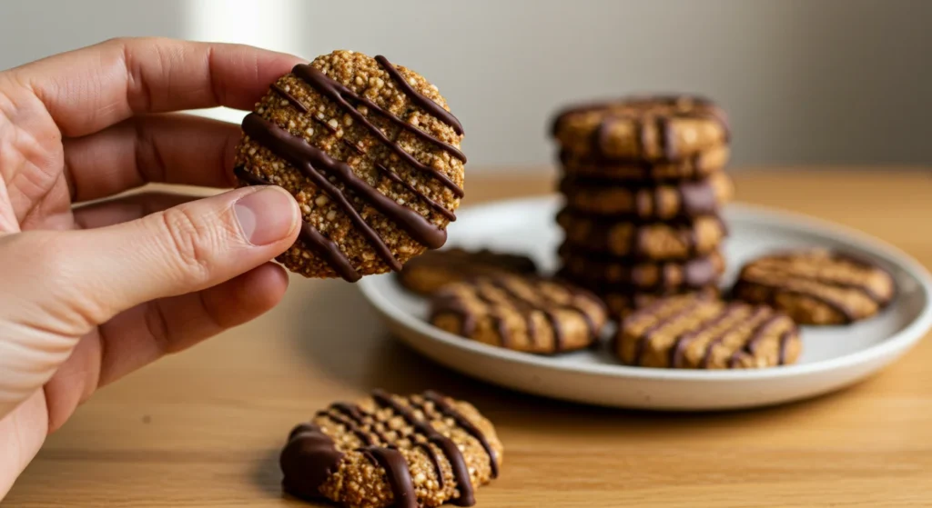 Dehydrated Almond Cookies Hand holding a keto almond cookie with chocolate, cookies on plate in background.