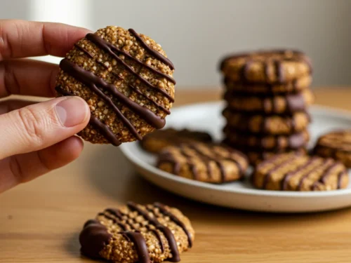 Dehydrated Almond Cookies Hand holding a keto almond cookie with chocolate, cookies on plate in background.