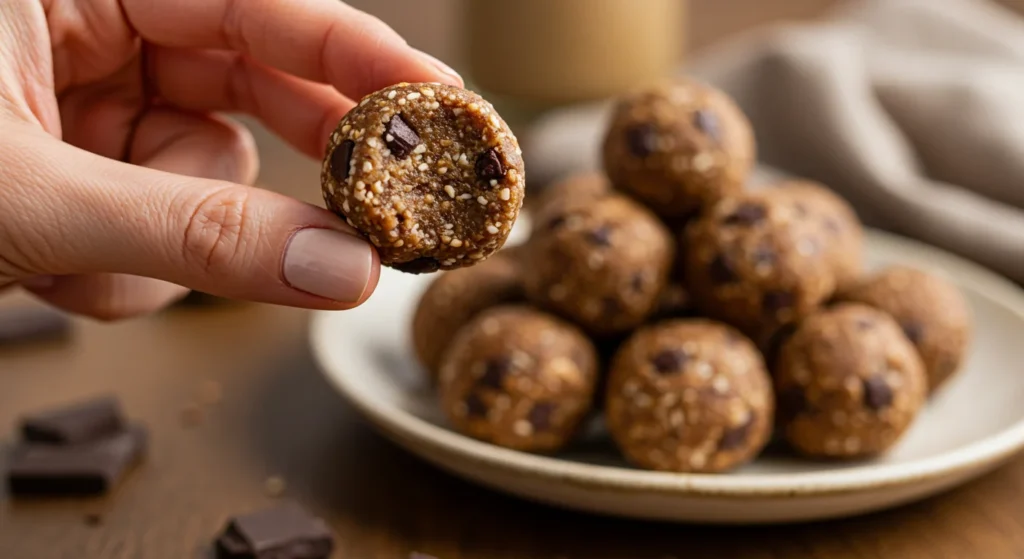 Dehydrated Cookie Dough Bliss Balls Hand holding a bliss ball with more arranged on a ceramic plate in the background.