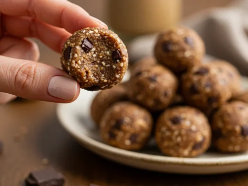 Dehydrated Cookie Dough Bliss Balls Hand holding a bliss ball with more arranged on a ceramic plate in the background.